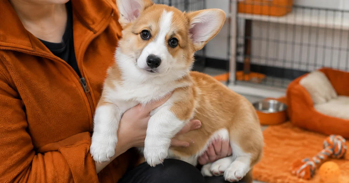 ブリーダーに抱かれるウェルシュ・コーギー・ペンブロークの子犬