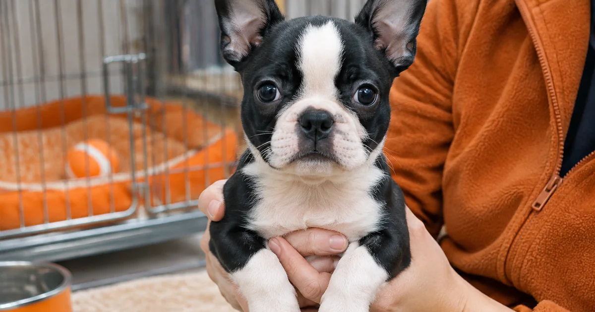 ブリーダーに抱かれるボストンテリアの子犬