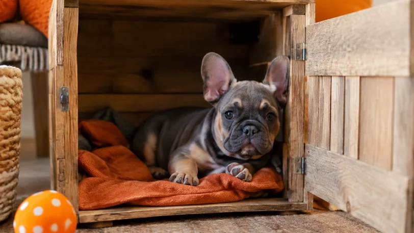 クレートの中でくつろぐフレンチブルドッグの子犬