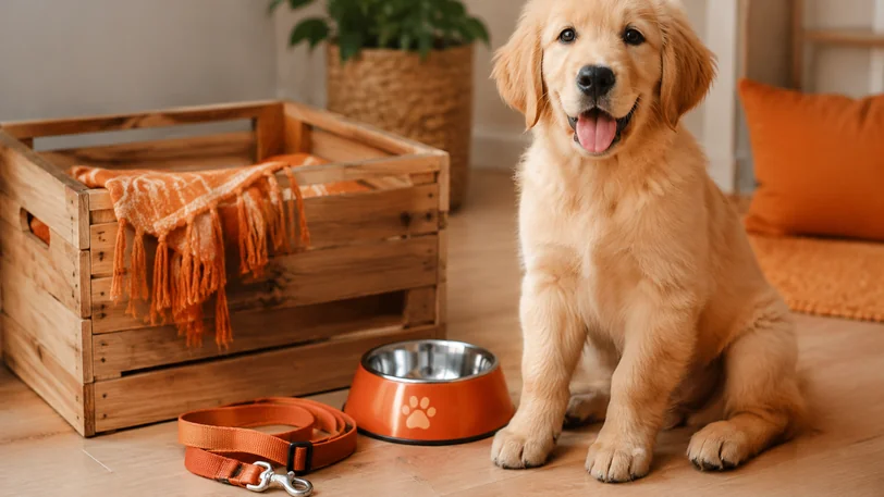 クレートやリードなど子犬を迎える準備アイテムとゴールデンレトリーバーの子犬