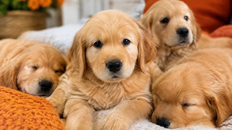 並んで寝そべるゴールデンレトリーバーの子犬たち
