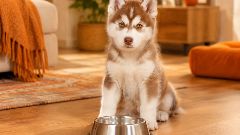 食器の前に座るレッド&ホワイトのシベリアンハスキーの子犬
