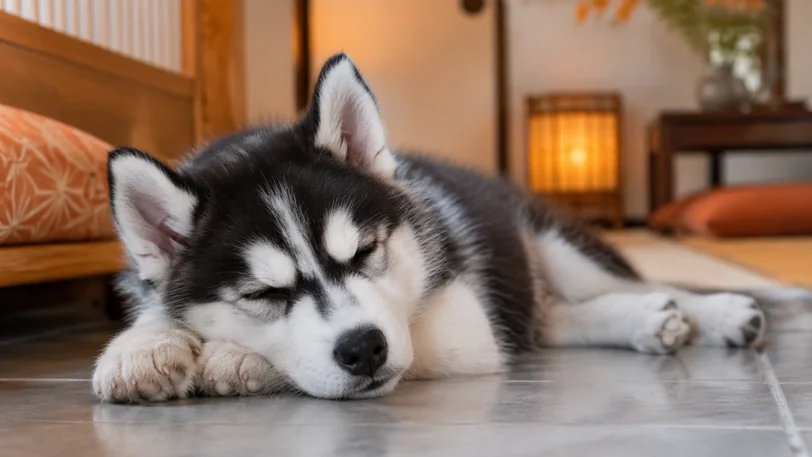 涼しい部屋で眠るブラック&ホワイトのシベリアンハスキーの子犬