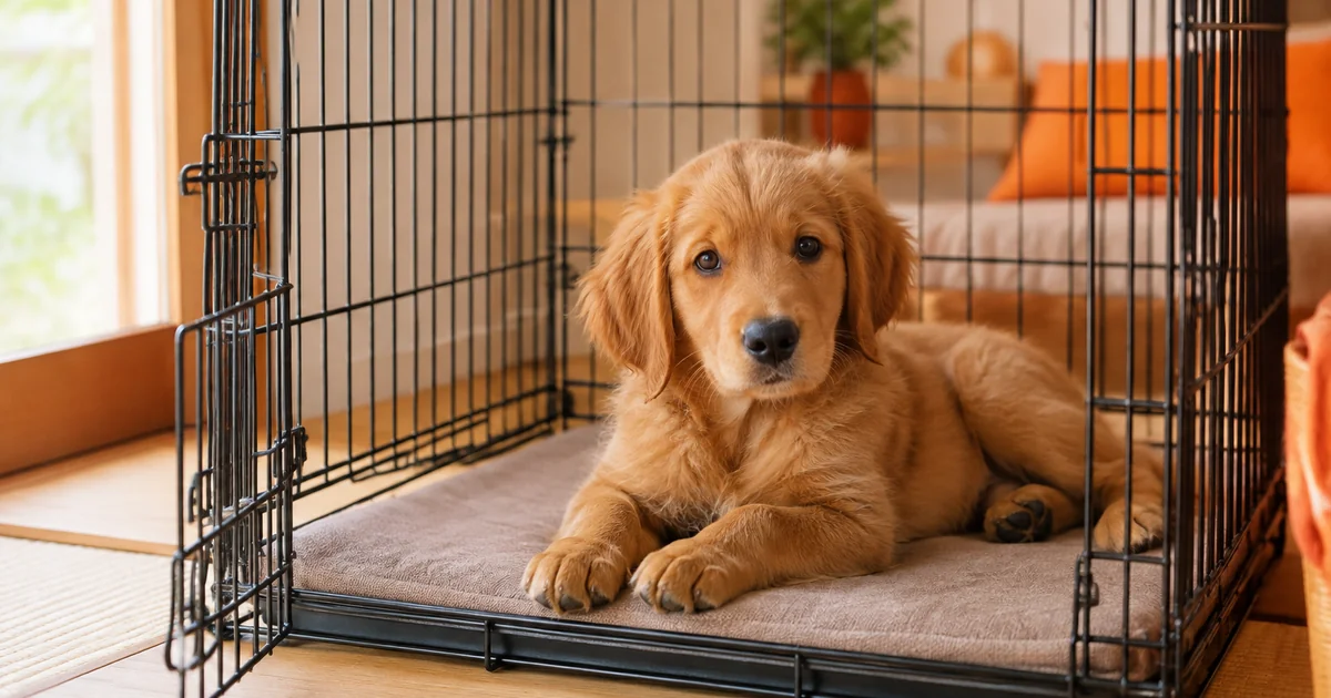 ケージの中で静かに休む濃い金色のゴールデンレトリーバーの子犬