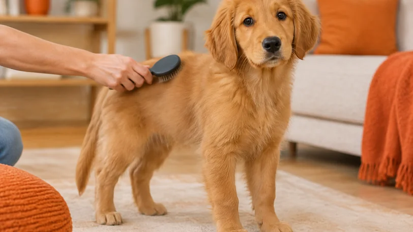 ブラッシングを落ち着いて受ける濃い金色のゴールデンレトリーバーの子犬