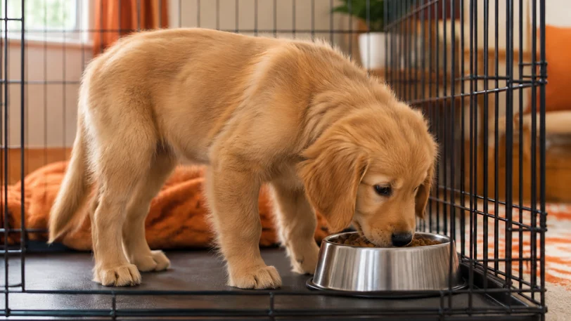 ケージの中でドライフードを食べる明るめの金色のゴールデンレトリーバーの子犬