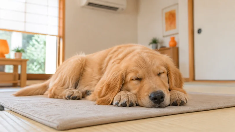 涼しい部屋のマットの上で眠る明るめの金色のゴールデンレトリーバーの子犬