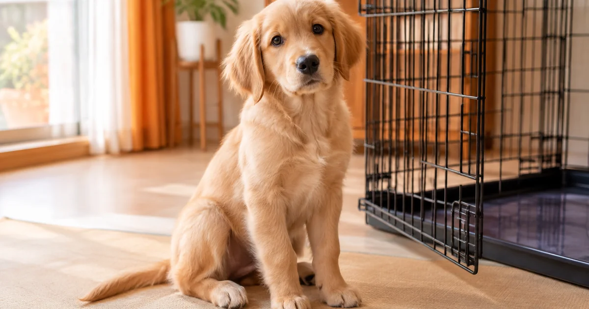 ケージのそばに座る明るめの金色のゴールデンレトリーバーの子犬
