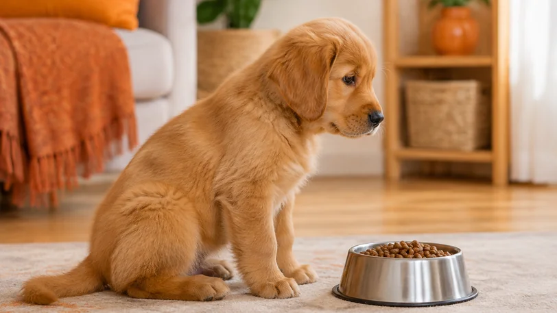 食器の前に座る濃い金色のゴールデンレトリーバーの子犬