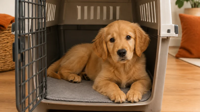 ハードクレートの中で休む明るめの金色のゴールデンレトリーバーの子犬