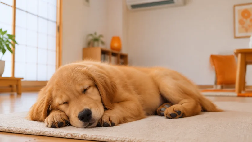 エアコンの効いた部屋のマットで眠る濃い金色のゴールデンレトリーバーの子犬