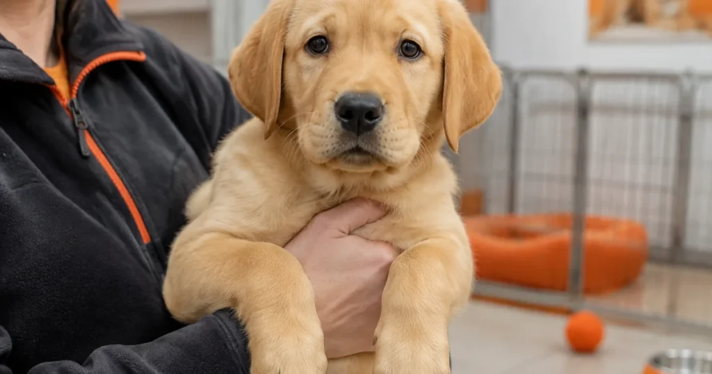 ブリーダーに抱かれるラブラドールレトリーバーの子犬