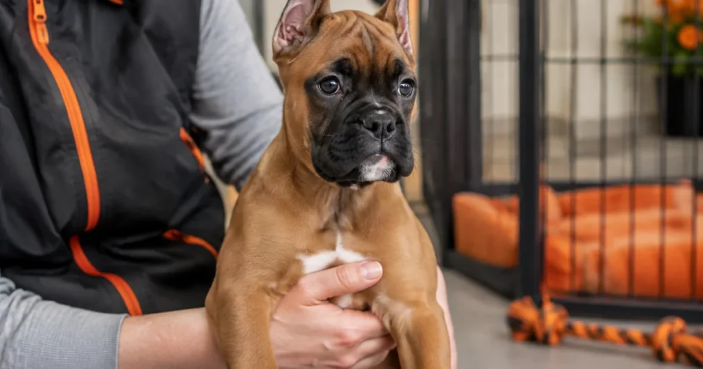 ブリーダーに抱かれるボクサー犬の子犬