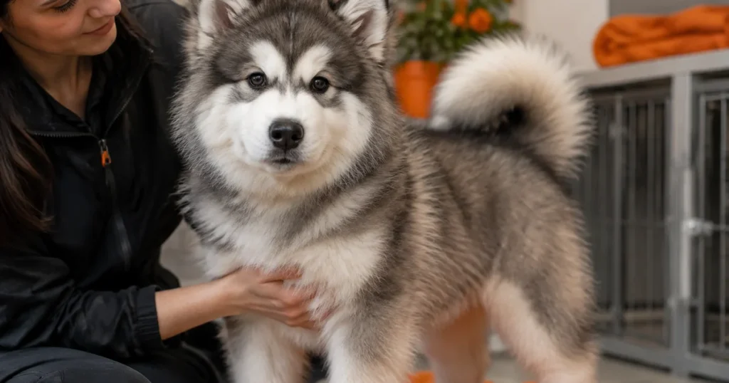 ブリーダーに抱かれるアラスカンマラミュートの子犬