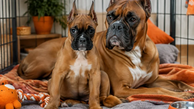 清潔な犬舎で過ごすボクサー犬の親子