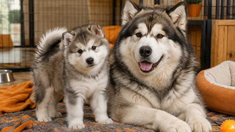 清潔な犬舎で過ごすアラスカンマラミュートの親子