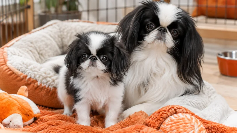 清潔な犬舎で過ごす狆の親子