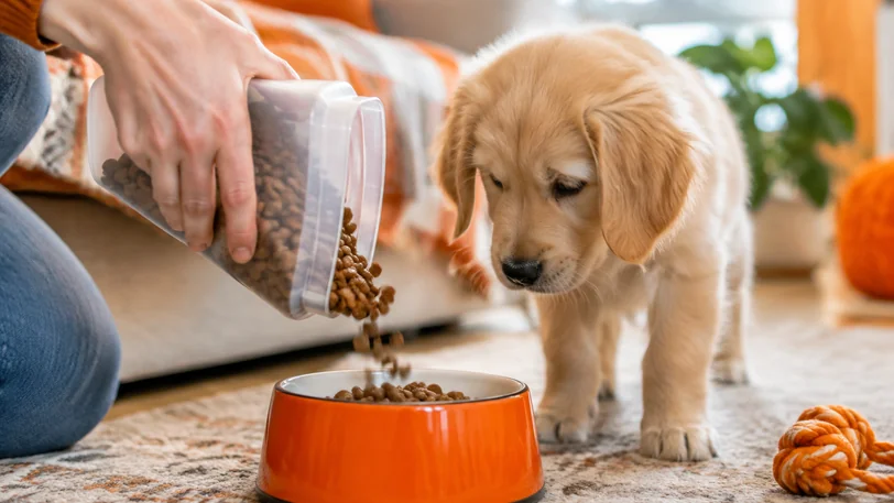 子犬にフードを与える飼い主の手元