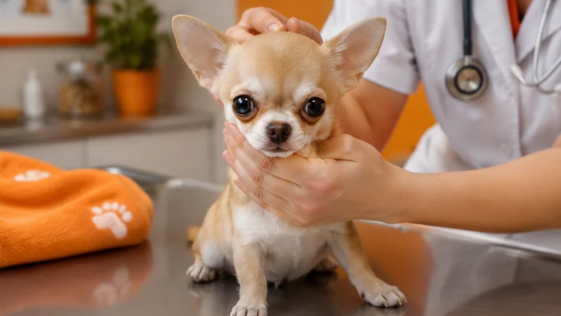 獣医師に頭部を検査されるチワワの子犬
