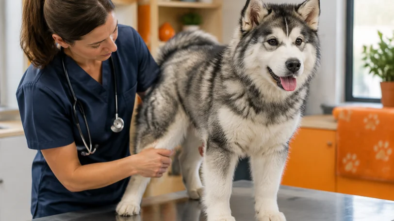獣医師に足腰を検査されるアラスカンマラミュート