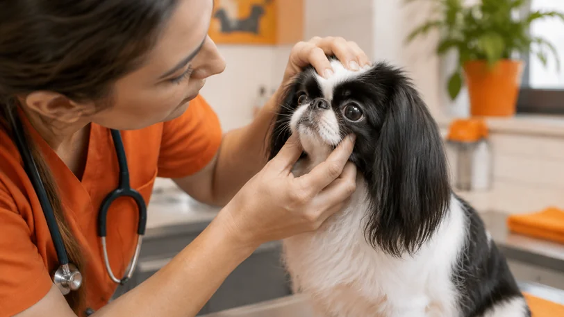 獣医師に目を検査される狆の子犬