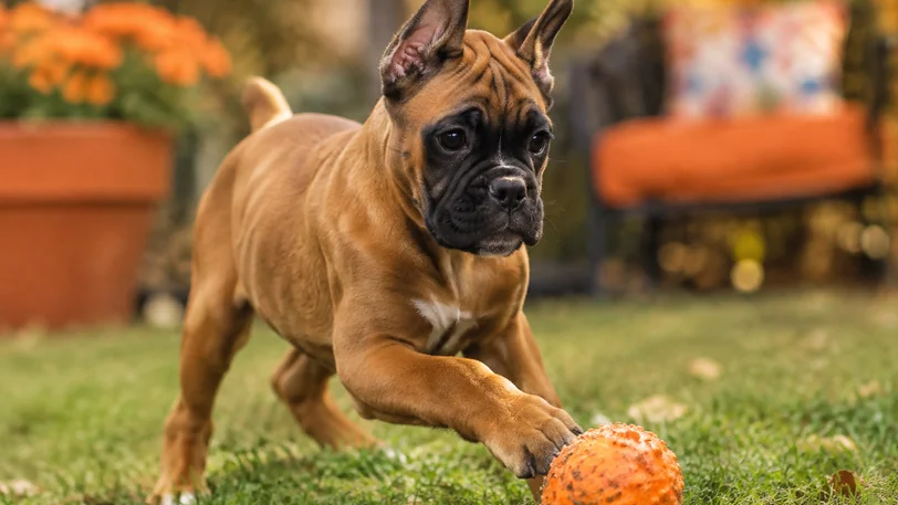 庭で元気に遊ぶボクサー犬