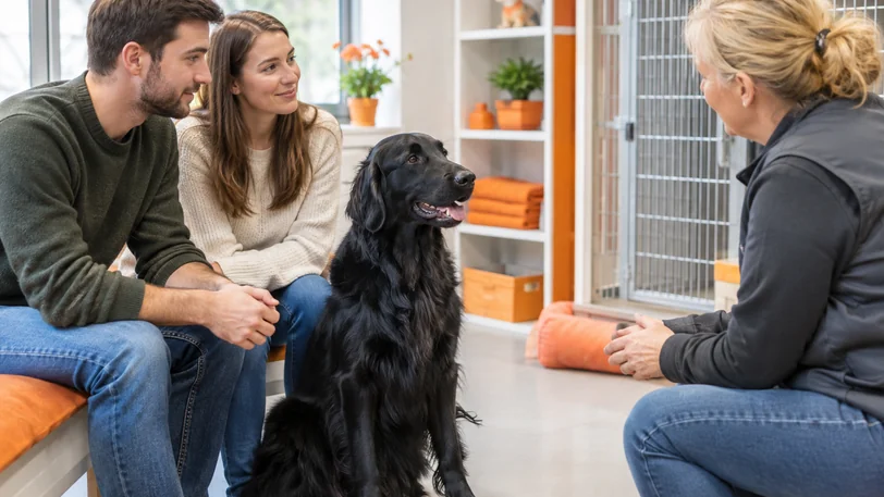 犬舎の見学でブリーダーと話す夫婦とフラットコーテッドレトリーバー