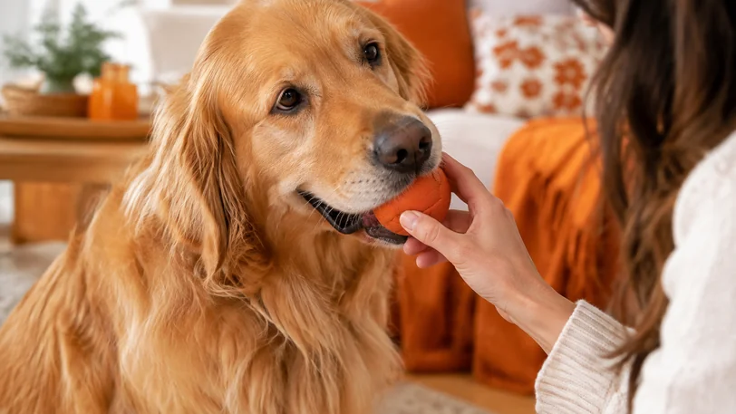口の中のものを飼い主に渡すゴールデンレトリーバー