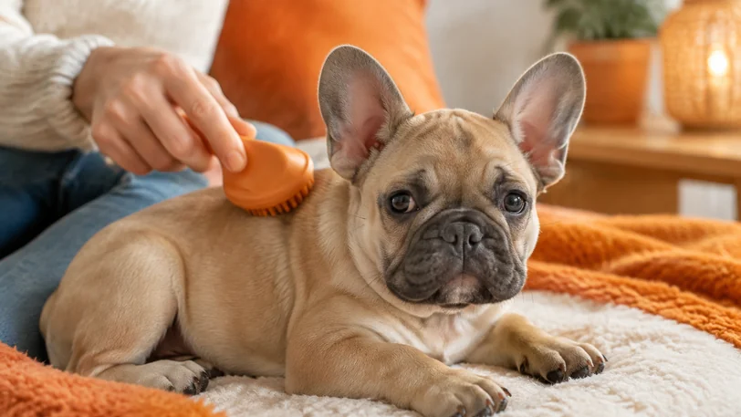 ラバーブラシで優しくブラッシングされるフレンチブルドッグの子犬