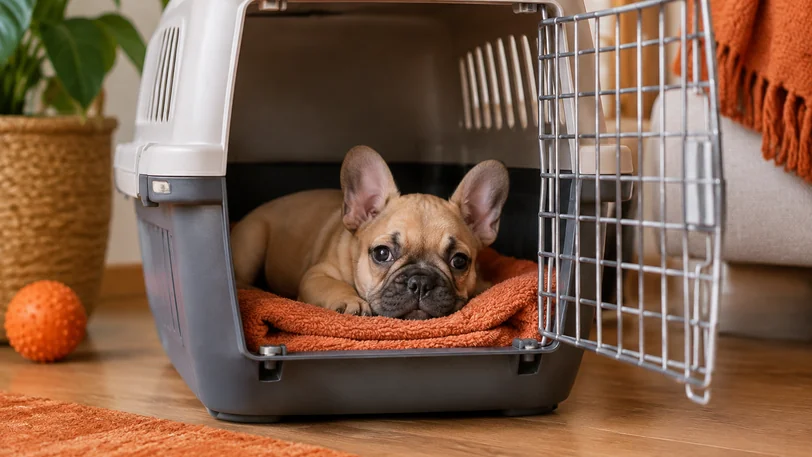 クレートの中で落ち着いて休むフレンチブルドッグの子犬