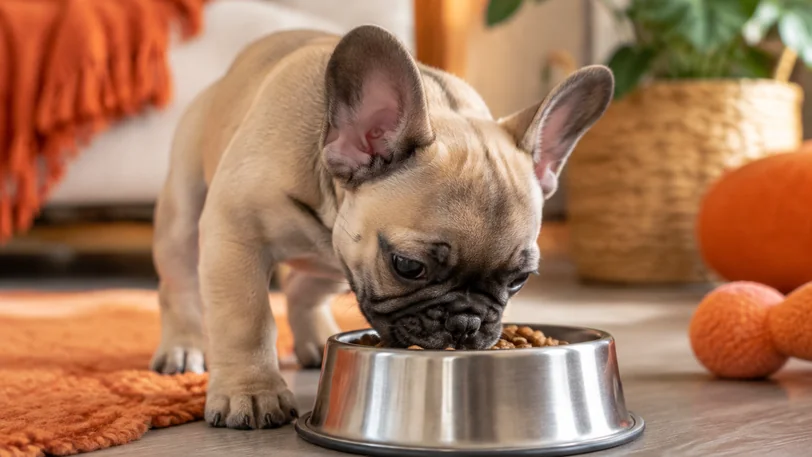ステンレスの食器からフードを食べるフレンチブルドッグの子犬
