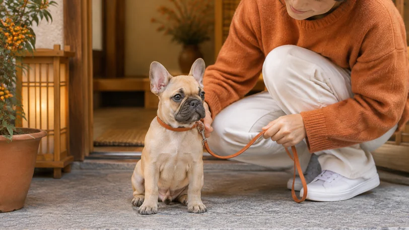 首輪とリードを付けて散歩の準備をするフレンチブルドッグの子犬