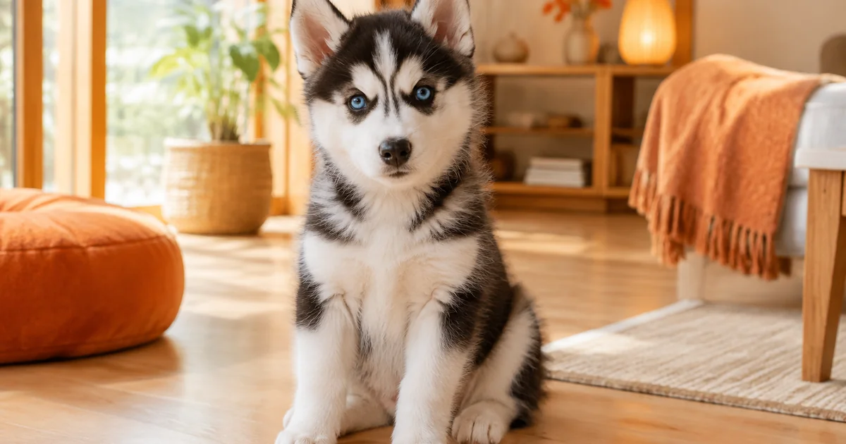明るいリビングの床に座るシベリアンハスキーの子犬
