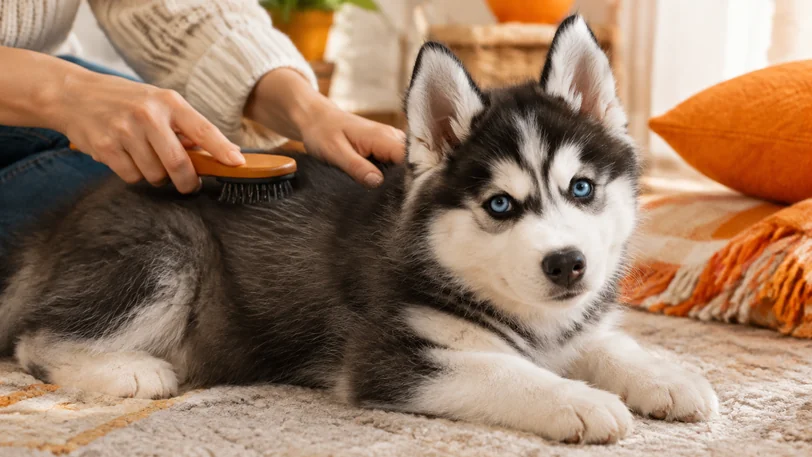 ブラッシングを落ち着いて受けるシベリアンハスキーの子犬