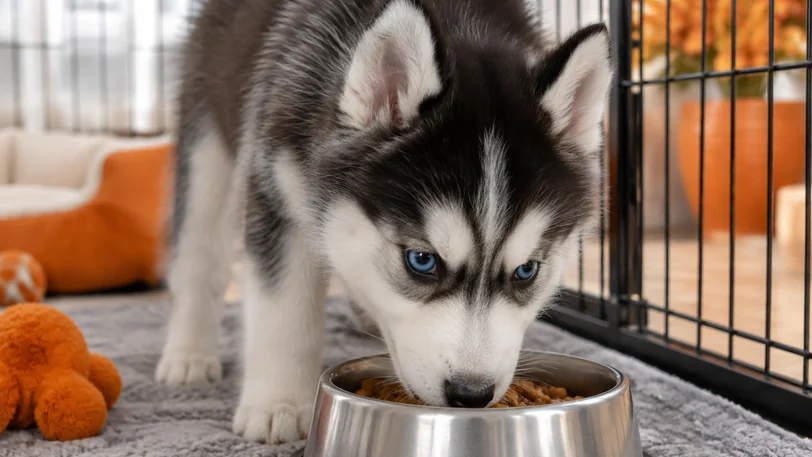 フードボウルからドライフードを食べるシベリアンハスキーの子犬