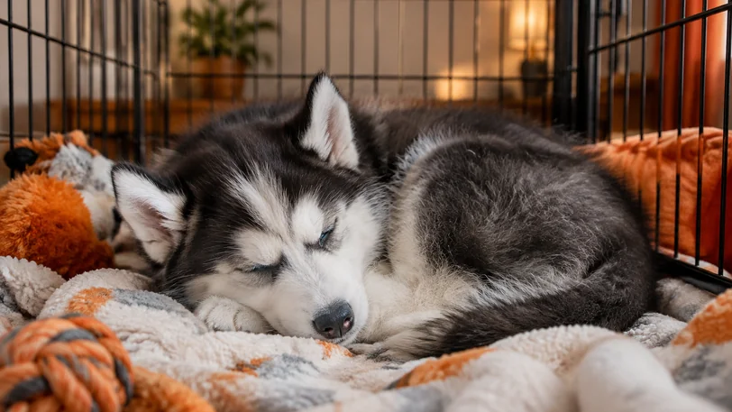 ケージの中で静かに休むシベリアンハスキーの子犬