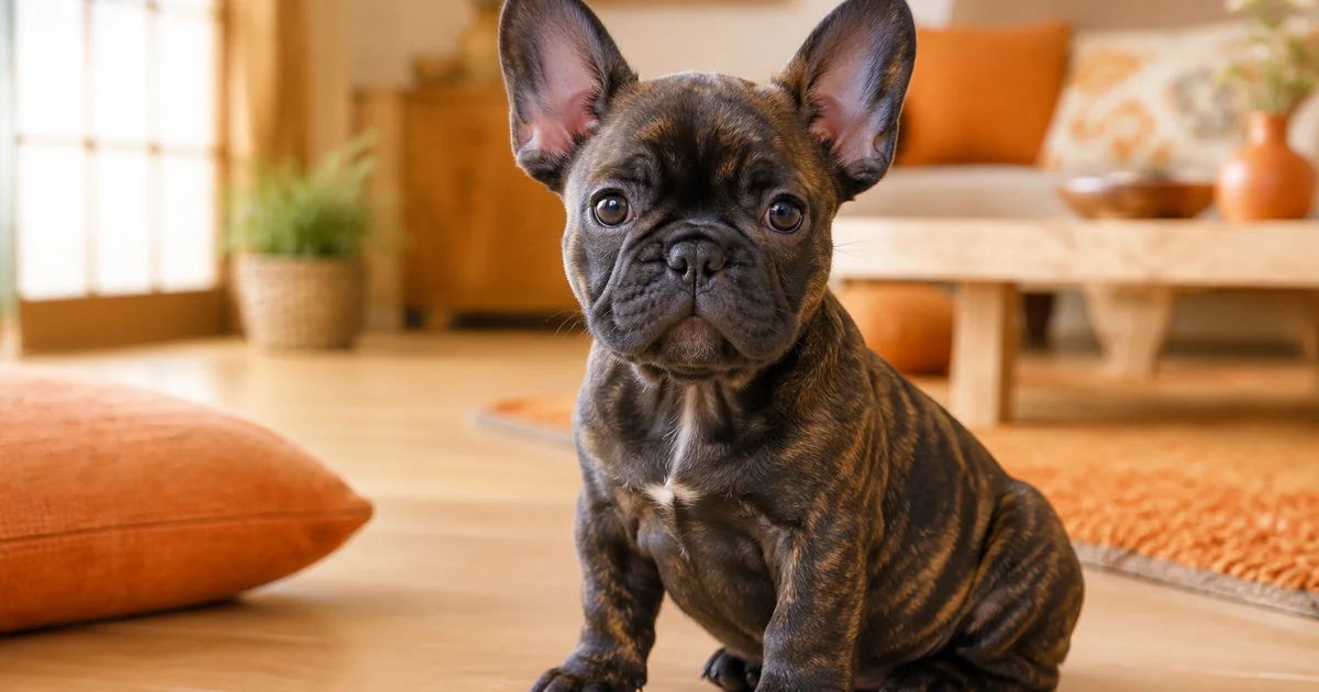 明るいリビングの床に座るブリンドルのフレンチブルドッグの子犬