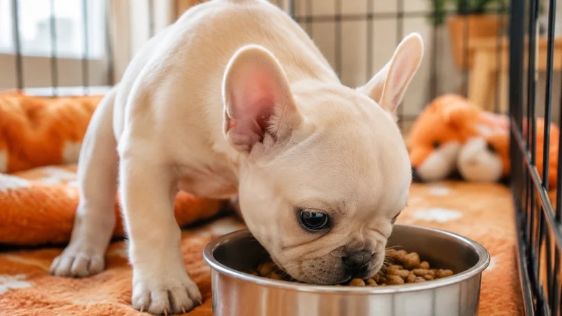 フードボウルからドライフードを食べるクリームのフレンチブルドッグの子犬