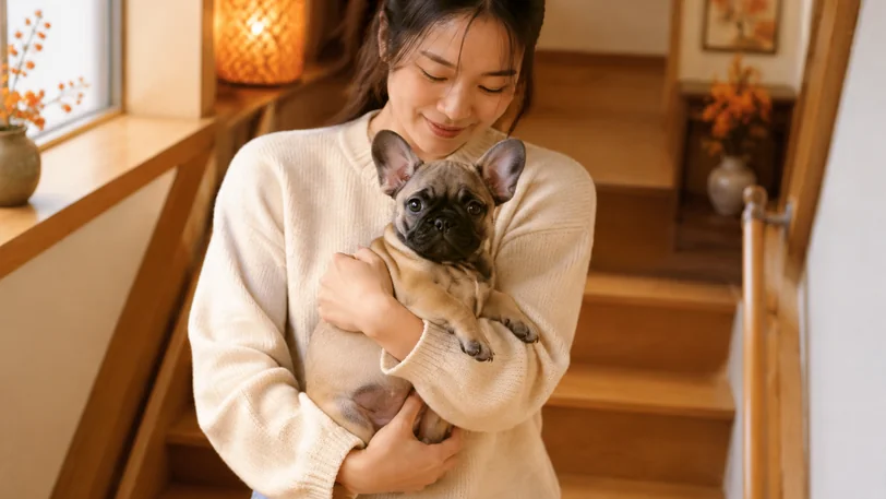 飼い主に抱っこされて階段を下りるフォーンのフレンチブルドッグの子犬