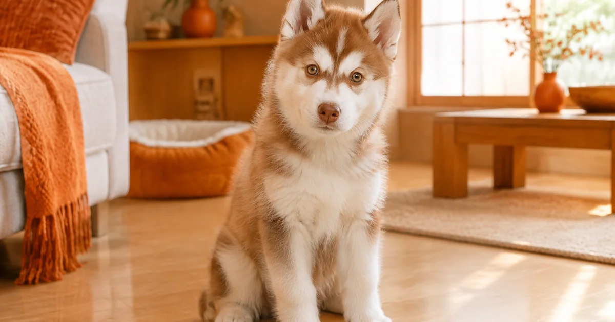 明るいリビングの床に座るレッド&ホワイトのシベリアンハスキーの子犬