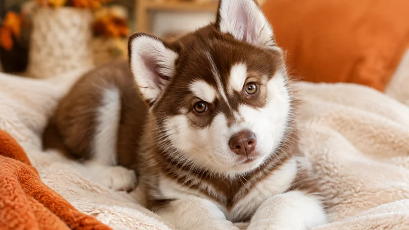 チョコレート&ホワイトのシベリアンハスキーの子犬