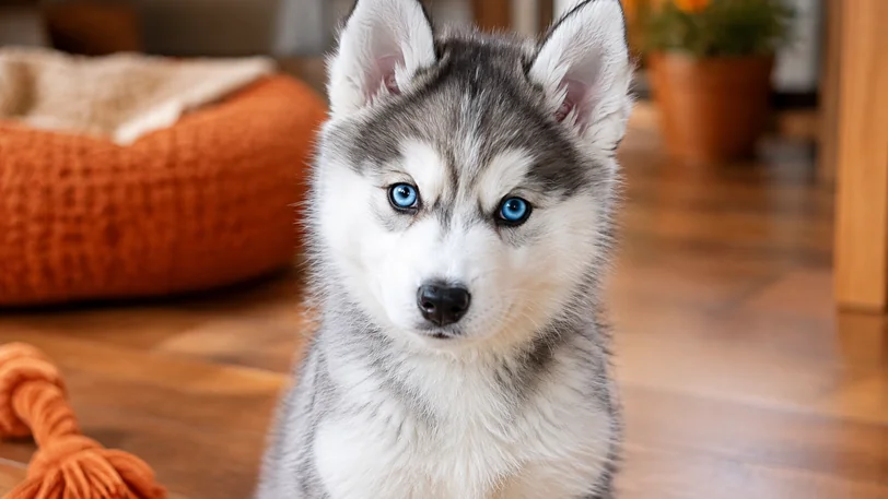 青い目をしたシルバー&ホワイトのシベリアンハスキーの子犬