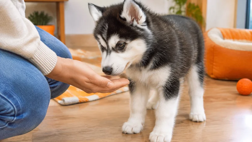 見学で家族の手に鼻を寄せるブラック&ホワイトのシベリアンハスキーの子犬